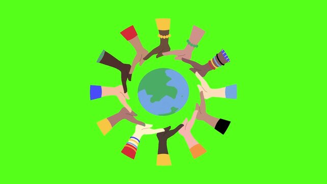 Diverse hands coming together around the Earth on green background