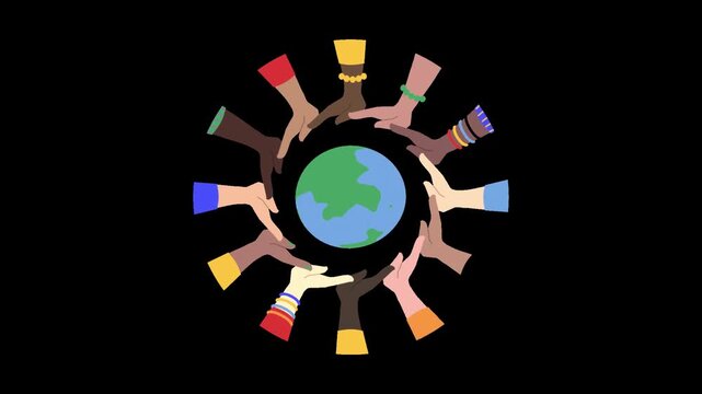 Diverse hands coming together around the Earth