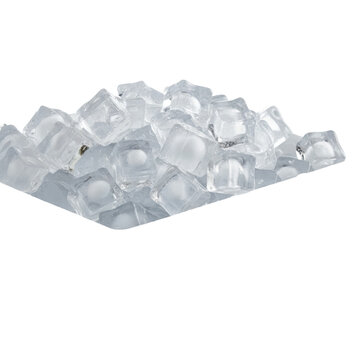 Open white polystyrene foam cooler filled with jagged ice cubes against a transparent background, glistening water droplets, refreshing summer cold atmosphere