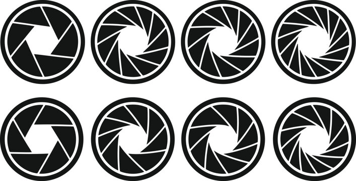 Eight Black Camera Aperture Icons with Varying Blade Positions lens diaphragm