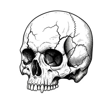 Cracked Human Skull, Black and White Illustration, Anatomical Drawing