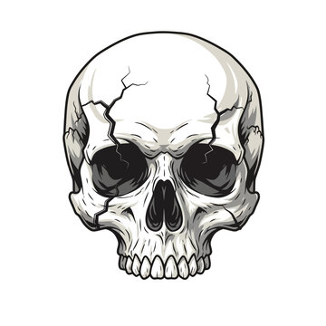 Cracked human skull, front view, detailed illustration, isolated on white background