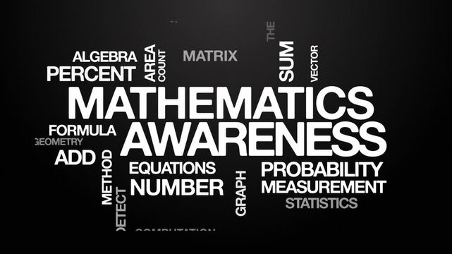 mathematics awareness concept Animated Tag Word Cloud kinetic typography, Text Design Animation typography seamless loop video motion graphics Intro Wordart white type on black background backdrop bg