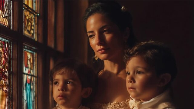 A mother with two young sons stands closely, bathed in warm light from stained-glass windows, creating a tender, intimate family moment indoors