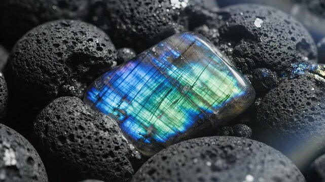 Iridescent Labradorite Gemstone Displayed Among Black Lava Rocks