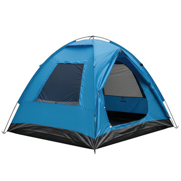 A bright blue dome tent designed for outdoor camping with a dark floor and mesh window opening isolated on transparent background