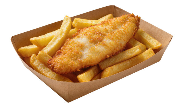 Crispy golden fried fish fillet with thick cut chips in a cardboard tray, isolated on transparent background
