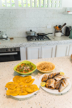 Caribbean kitchen with tropical dishes prepared