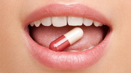 Naklejka premium Human mouth holds a capsule pill on the tongue.