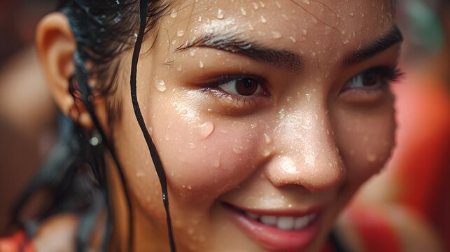 Close-up portrait of a smiling young woman with water droplets on her face