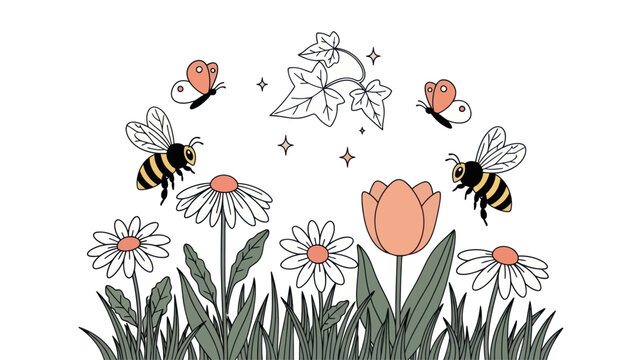 Bees fly around colorful flowers outdoors.