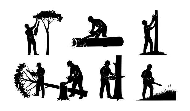 Chainsaw Operator Silhouettes Landscaping and Forestry Work Vector Icon Set