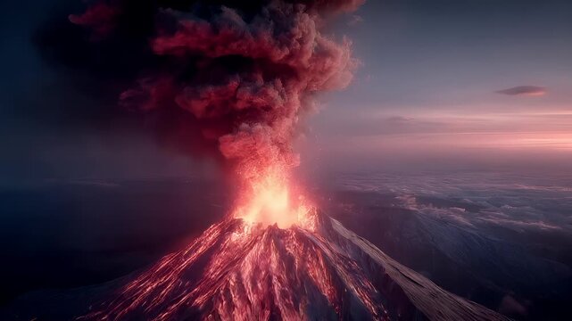 Outdoor exploration adventure. A dramatic digital artwork depicts a volcanic eruption. A large plume of smoke rises from the top of a mountain, emitting a fiery orange glow.