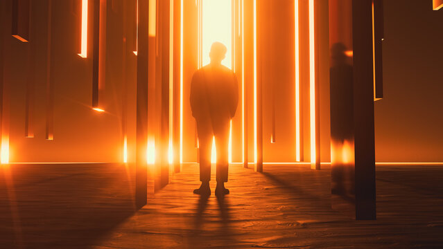 Man stands before a door to another universe in a surreal scene