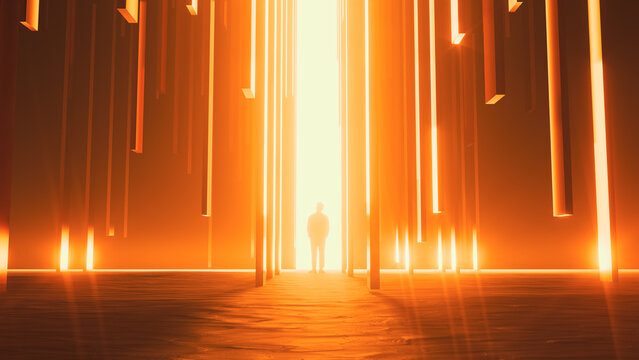 Man stands before a door to another universe in a surreal scene