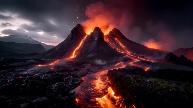 Outdoor exploration adventure. A vivid digital artwork depicts a volcanic landscape at twilight. The main subject is a towering volcano erupting lava, with molten lava flowing down its slopes.