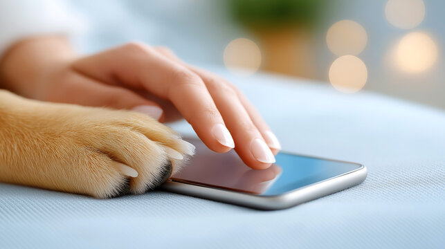 Human hand touching smartphone screen next to dog paw symbolizing connection between pets and technology