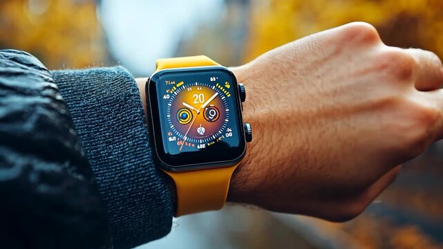 Modern smart watch on wrist, displaying time