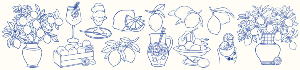 Italian lemon whimsical doodle icons. Hand drawn lemon illustration set with limoncello drinks, lemon branches, vases and desserts. Mediterranean summer food sticker collection. © Huma Fida