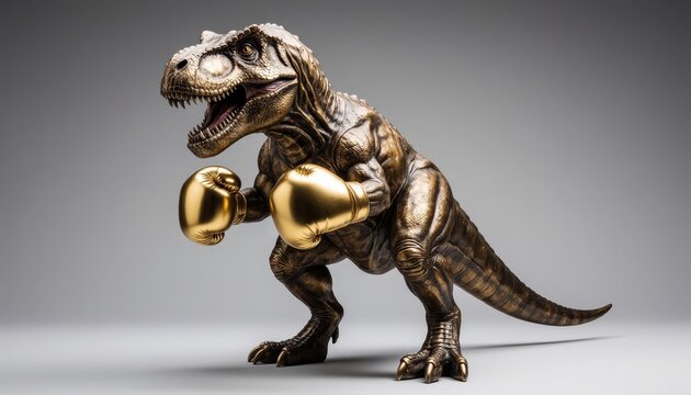 A dinosaur wearing golden boxing gloves stands in a neutral pose. The dinosaur displays a fierce expression while ready to engage in boxing.