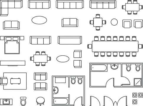 Architectural Floor Plan Symbols Vector Set, Top View Furniture and Bathroom Fixtures 2D CAD Blocks