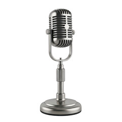 Fototapeta premium A classic silver vintage microphone mounted on a sturdy metal stand for professional recording isolated on transparent background