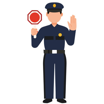 Police Officer Holding Octagonal Stop Sign and Showing Stop Gesture with Open Palm Hand