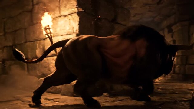 Fierce Minotaur Creature Roaming Ancient Stone Dungeon with Torches.