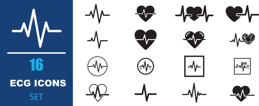 Medical ECG icons set, 16 heartbeat line symbols in EPS format, black heart pulse rate signs for healthcare and cardiology apps