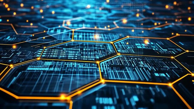 Abstract digital network hexagon grid.  Complex circuit boards with glowing nodes