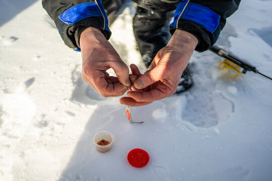Close-up of ice fishing baiting hook on snowy lake, Finland