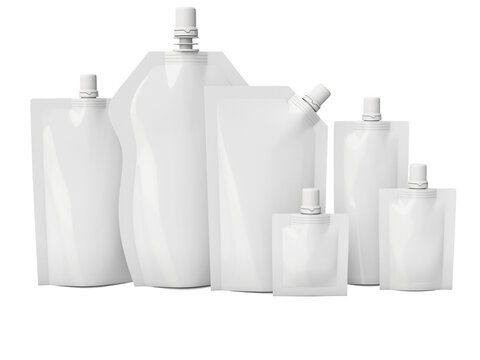 Set of white plastic spout pouches and stand up bags for liquid or food product packaging