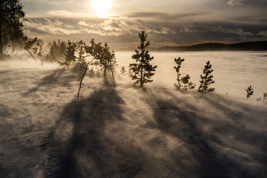 Winter sunrise over snowy lake with drifting mist in Finland