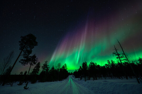 Northern lights over snowy forest road in Finland