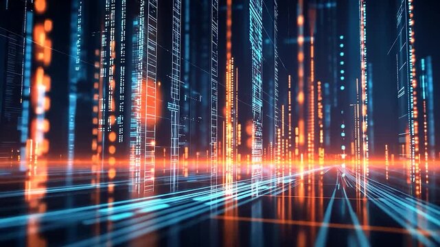 Glowing digital code streams, futuristic cityscape
