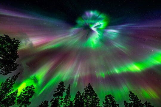 Northern lights swirl over Finland forest at night sky