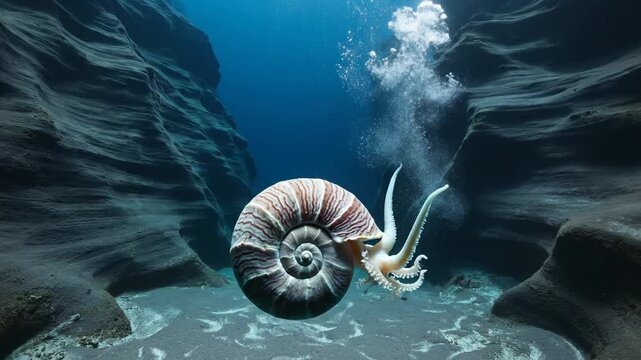 Octopus exploring underwater cave environment with shell