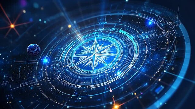 Futuristic compass in a digital cosmos