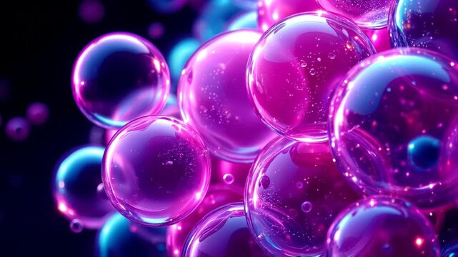 Abstract animation of glowing neon colored bubbles floating and clustering on a dark background