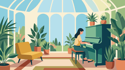 A serene scene depicting a person playing a piano in a sunlit room filled with lush greenery, evoking feelings of tranquility and creativity in a natural setting. © Xiaoliang