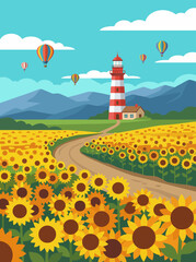 A vibrant lighthouse stands proudly in a sprawling sunflower field, surrounded by hot air balloons floating in a clear blue sky, encapsulating a sense of joy and tranquility. © Xiaoliang