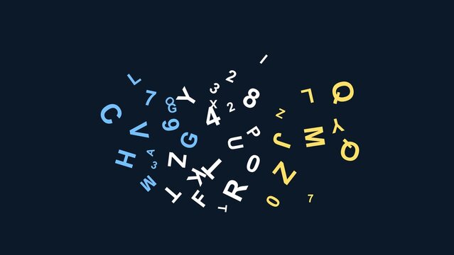 Abstract background with a chaotic jumble of floating letters and numbers.