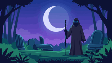 Naklejka premium This eerie graveyard scene features a hooded figure standing among tombstones under a crescent moon, creating a mysterious and atmospheric setting filled with intrigue.