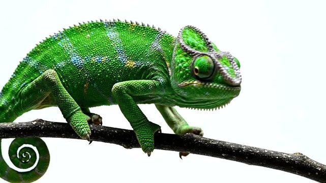Green chameleon on a branch closeup.
