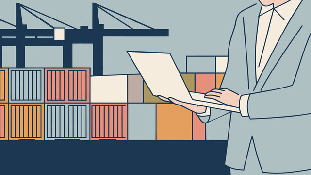 Businessperson uses laptop at shipping port during global trade