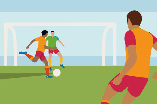 Soccer match between two teams at a coastal field