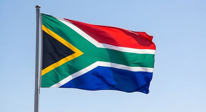 South Africa National Flag Waving in Clear Blue Sky