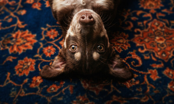 Cute dog resting on colorful patterned carpet
