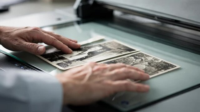 Technician scanning vintage black and white photographs on a flatbed scanner sharp detail on photos and fingers with a bokeh background.