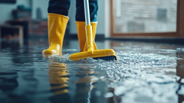 Person in yellow boots cleaning flood water with a squeegee. (1)